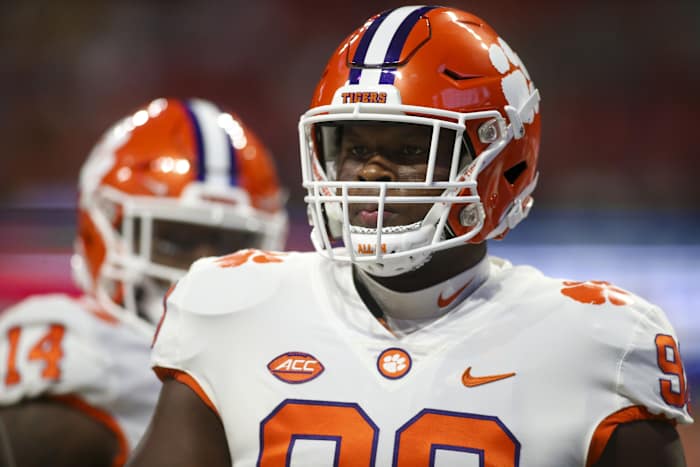 Sep 5, 2022; Atlanta, Georgia, USA; Clemson Tigers defensive end Myles Murphy (98) on the field before a game against the Georgia Tech Yellow Jackets at Mercedes-Benz Stadium. Mandatory Credit: Brett Davis-USA TODAY Sports